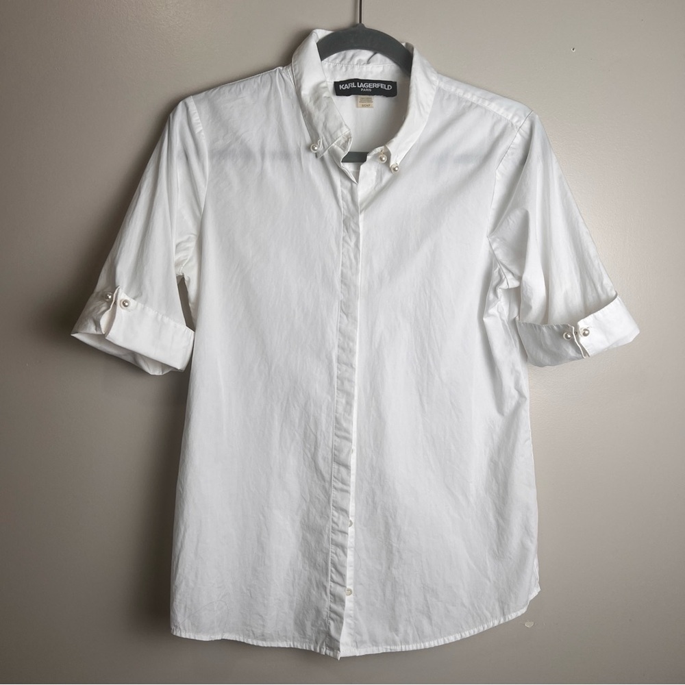 Karl Lagerfeld Women’s Cotton White Button-Up Shirt Pearl Accents Size 4 EUC